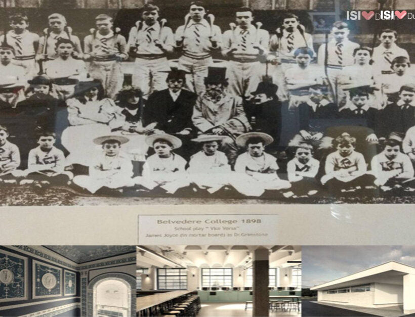 James Joyce klædt ud som skolelærer (siddende på anden række i midten med akademisk kasket) i opførelsen af skolestykket "Vice Versa" på Belvedere College, SJ, Dublin, 1898; samtidige fotografier af Belvederes prestigefyldte campus.